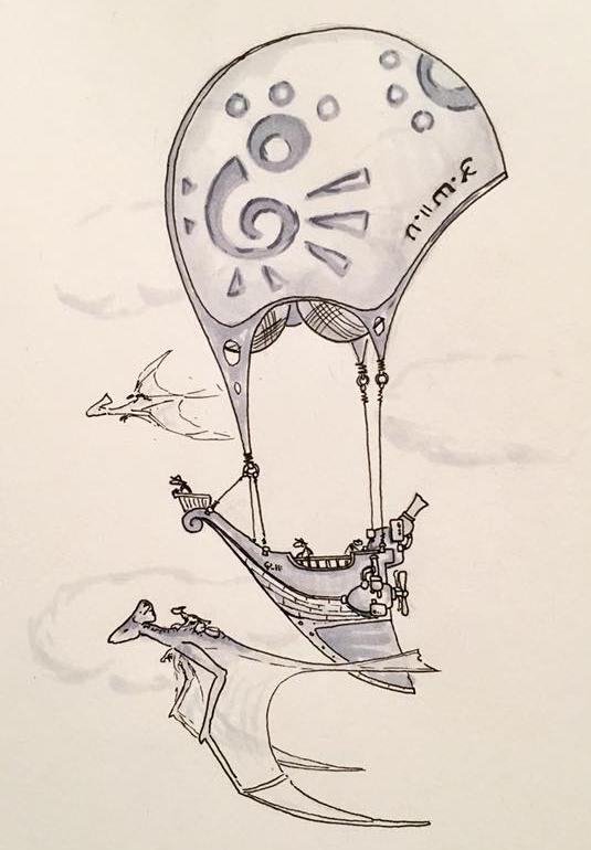 An airship escorted by knights mounted on Ilsiins An airship escorted by knights mounted on Ilsiins
